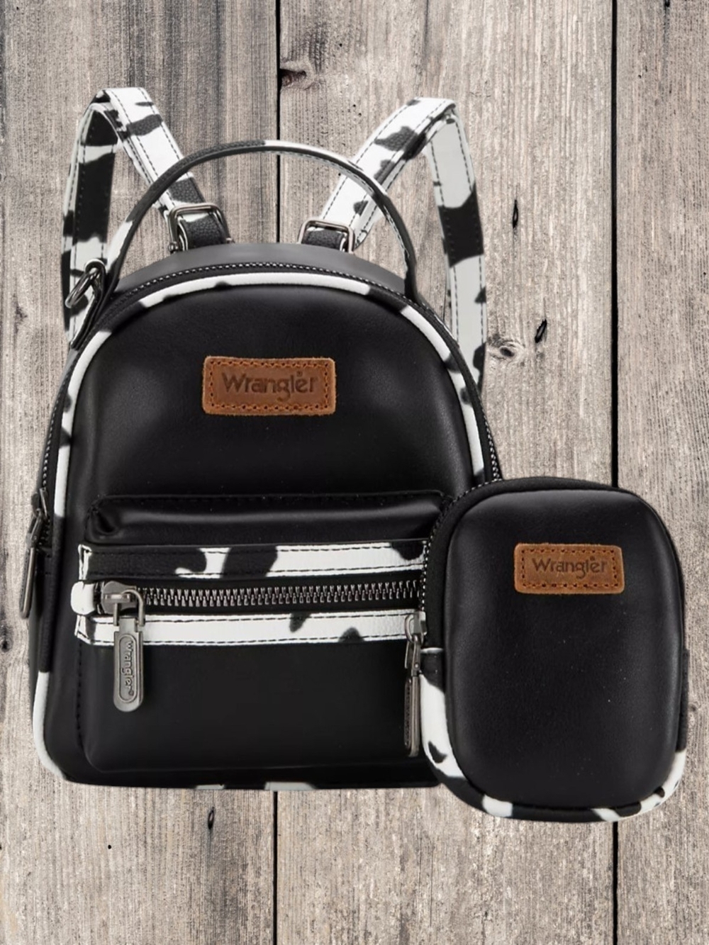 Brand New Wrangler Black & White Cow Print Mini Backpack with Coin Pouch
